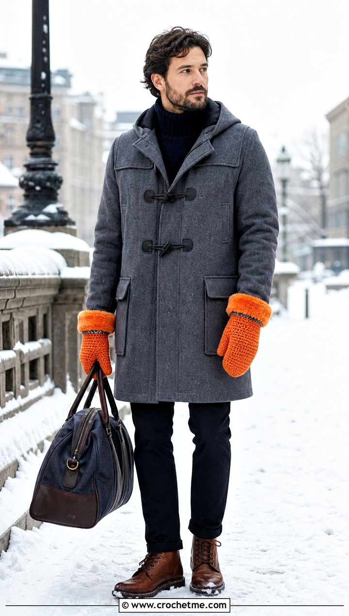 Faux Fur Cuff Crochet Mittens With Duffle Coat - 35 men crochet gloves outfit ideas