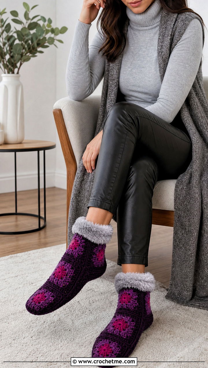 Faux Fur Cuff Granny Square Slipper Socks With Leather Look Pants - 15 Granny Square Slipper Socks outfit ideas