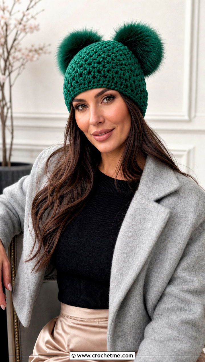 Faux Fur Double Pom Crochet Beanie With Satin Skirt - 20 Crochet Hat With Two Pom Poms outfit ideas
