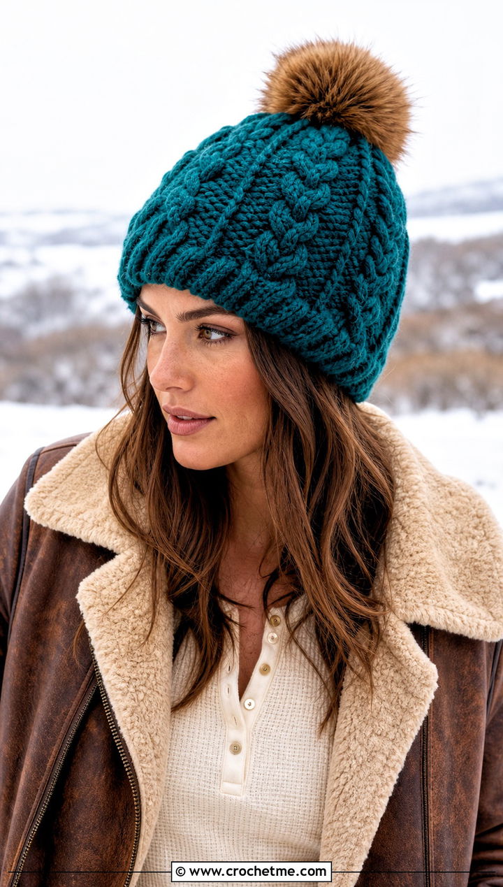 Faux Fur Pom Cable Hat With Shearling Jacket - 25 Crochet Cable Stitch Hat outfit ideas