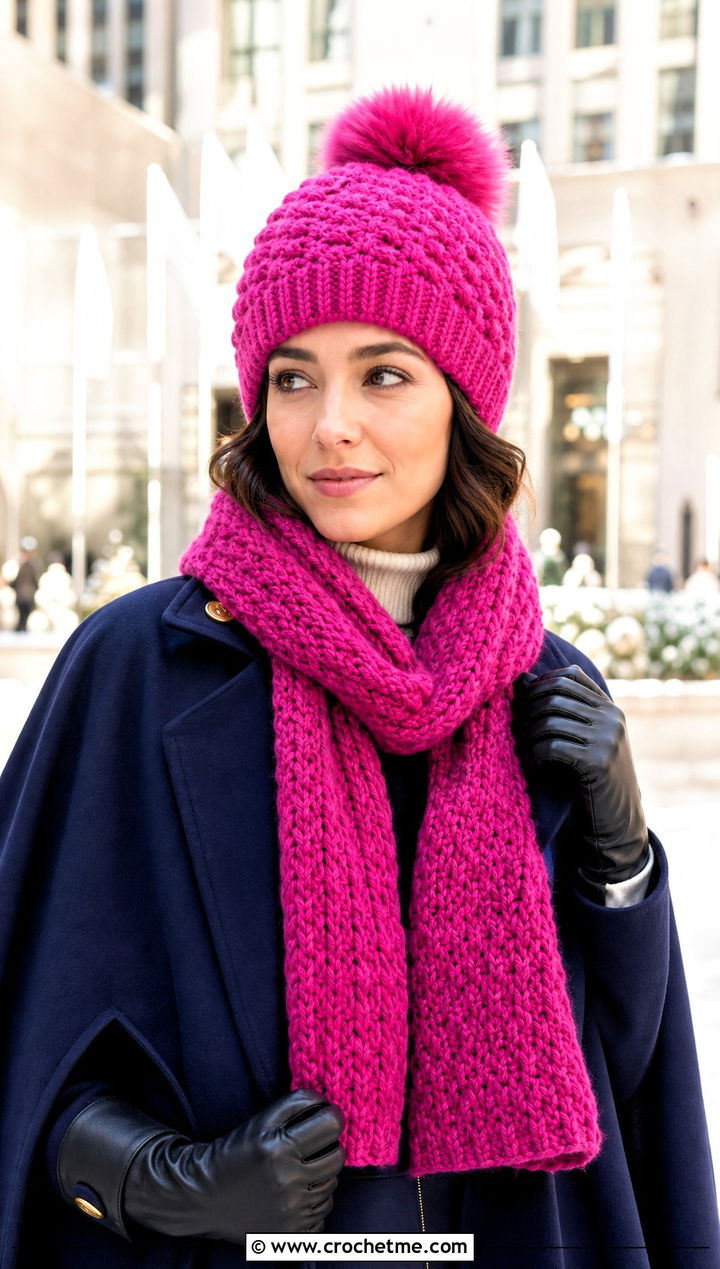 Faux Fur Pom Crochet Beanie And Scarf Set With Cape Coat - 30 crochet beanie and scarf set outfit ideas