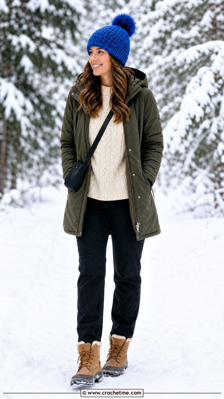 Faux Fur Pom Crochet Beanie With Parka - 35 easy crochet beanie womens outfit ideas