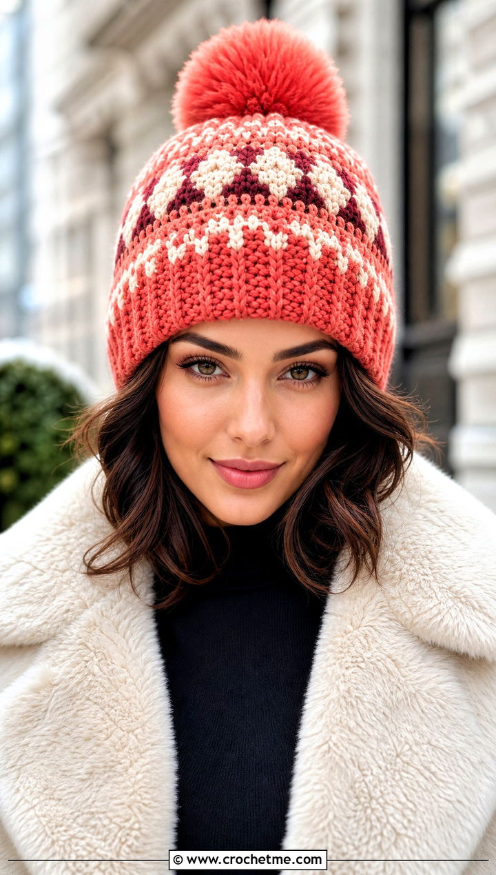Faux Fur Pom Crochet Fair Isle Beanie With Faux Fur Coat - 20 Crochet Fair Isle Beanie outfit ideas