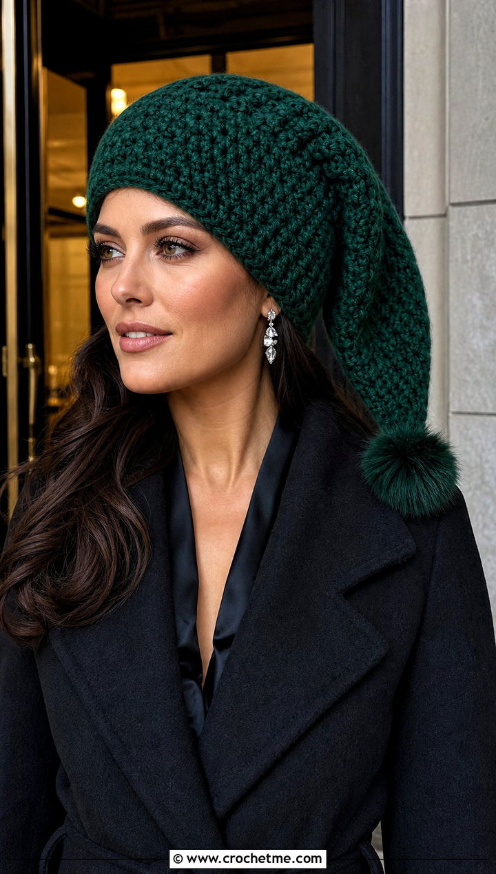 Faux Fur Pom Crochet Long Stocking Cap With Evening Coat - 20 Crochet Long Stocking Cap outfit ideas