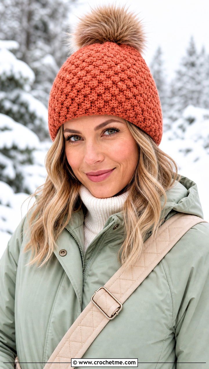Faux Fur Pom Moss Stitch Beanie With Parka - 20 Crochet Moss Stitch Beanie outfit ideas