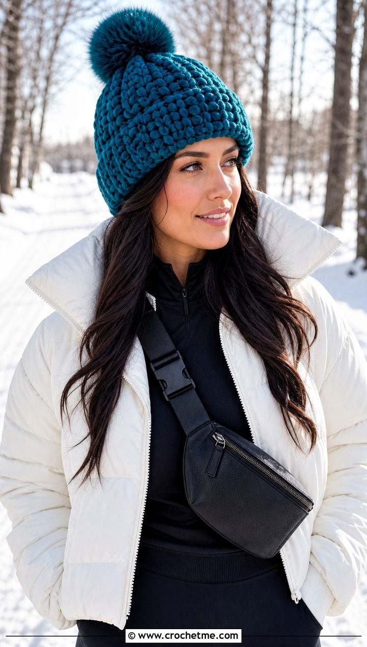 Faux Fur Pom Pom Beanie With Puffer Jacket And Leggings - 15 Crochet Beanie With Super Bulky Yarn outfit ideas