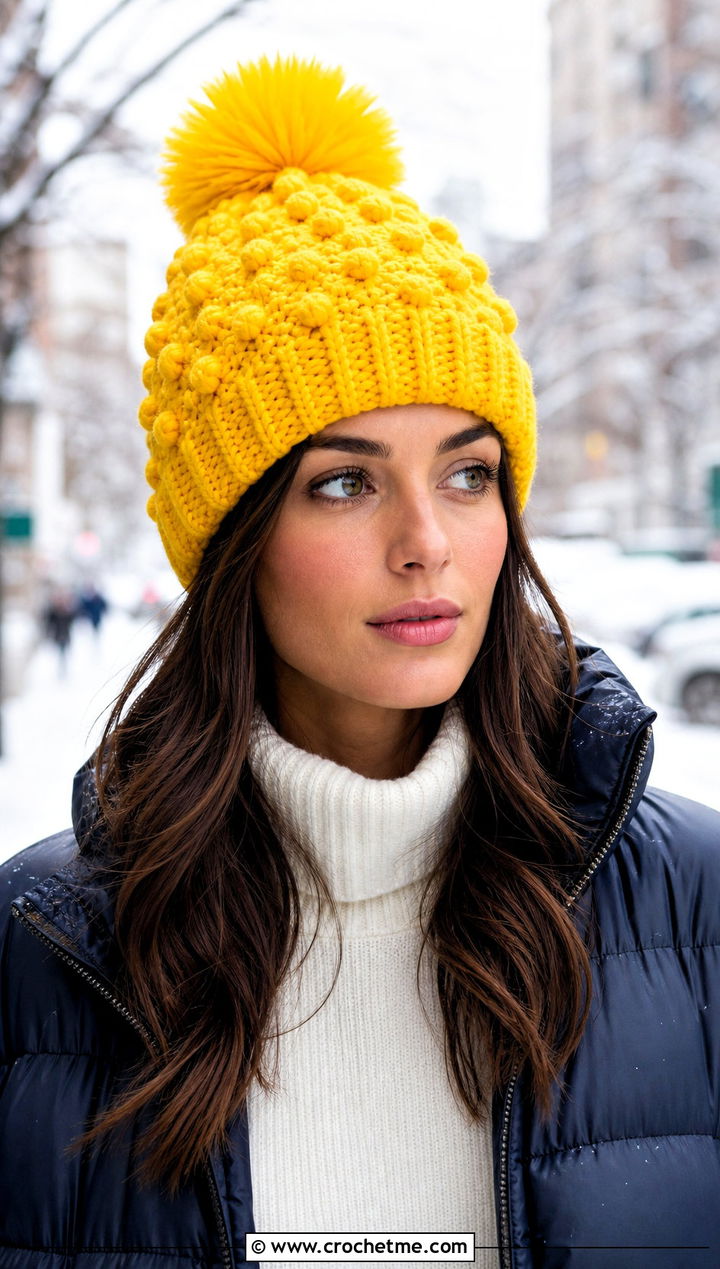 Faux Fur Pom Pom Bert Crochet Hat With Puffer Jacket - 15 Bert Crochet Hat outfit ideas