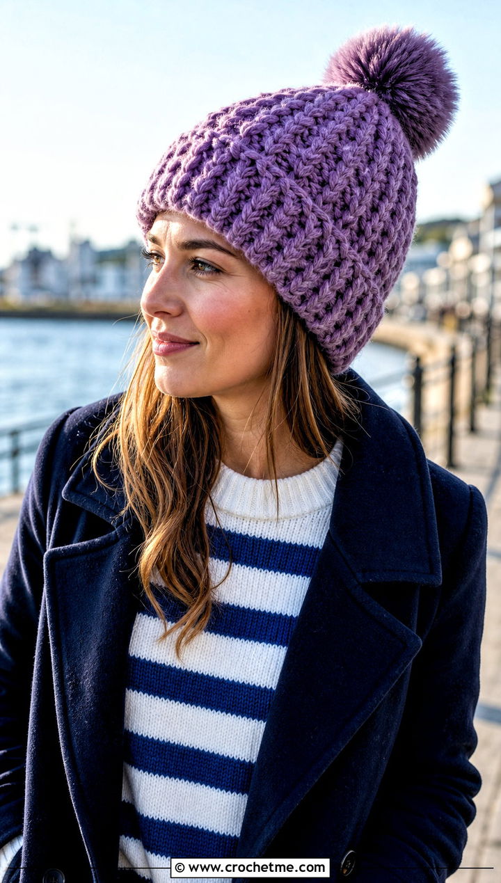Faux Fur Pom Pom Bulky Crochet Beanie With Peacoat - 30 bulky crochet beanie outfit ideas