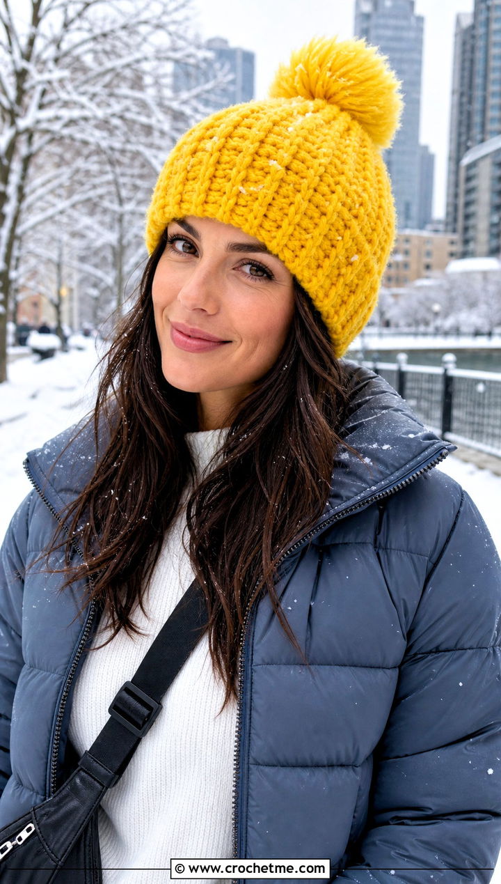 Faux Fur Pom Pom Crochet Beanie With Puffer Jacket - 25 faux fur crochet hat outfit ideas