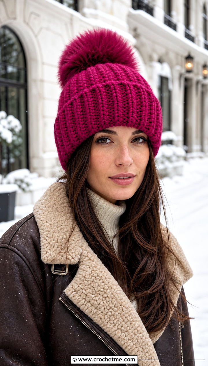 Faux Fur Pom Pom Crochet Rectangle Hat With Shearling Jacket - 25 Crochet Rectangle Hat outfit ideas