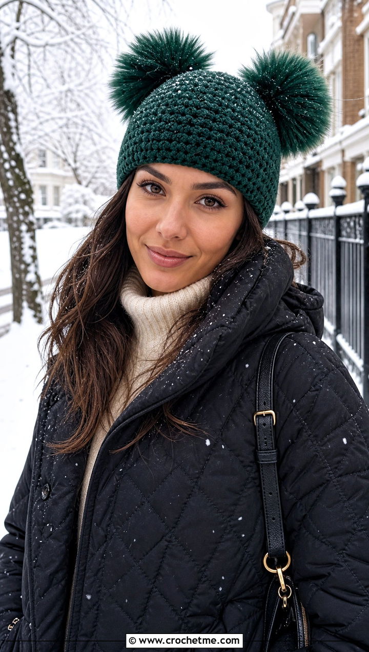 Faux Fur Pompom Crochet Hat With Quilted Coat - 25 Double Pompom Crochet Hat outfit ideas