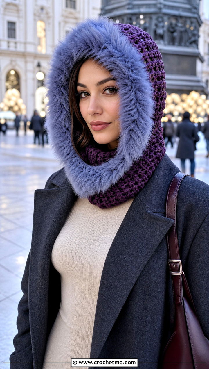Faux Fur Trim Crochet Balaclava Hat With Long Coat - 25 crochet balaclava hat outfit ideas
