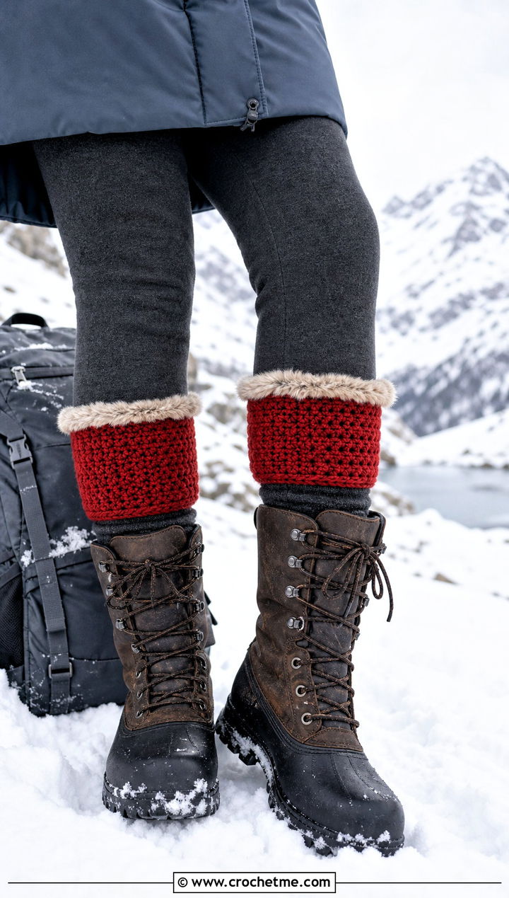 Faux Fur Trim Crochet Boot Cuffs With Parka and Lace Up Boots - 30 crochet boot cuff outfit ideas