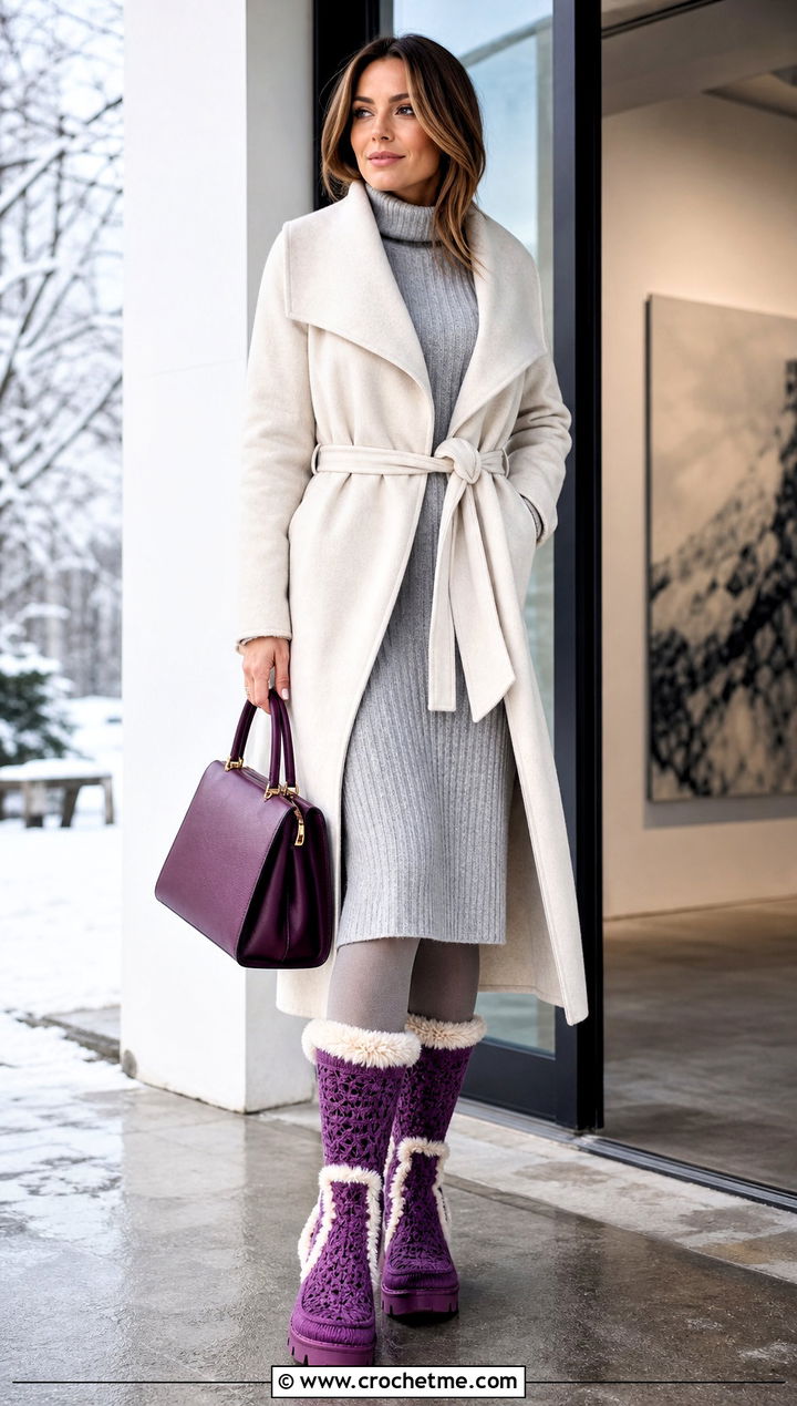 Faux Fur Trim Crochet Boots With A Knit Midi Dress - 15 colorful crochet winter boots outfit ideas