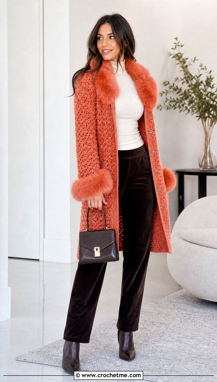Faux Fur Trim Crochet Coat With Velvet Pants - 25 crochet coat ideas