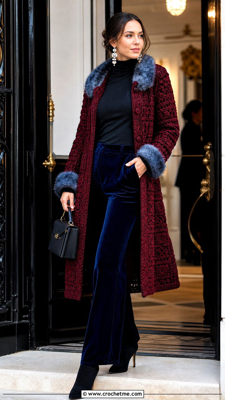 Faux Fur Trim Crochet Coat With Velvet Trousers - 35 crochet coats outfit ideas