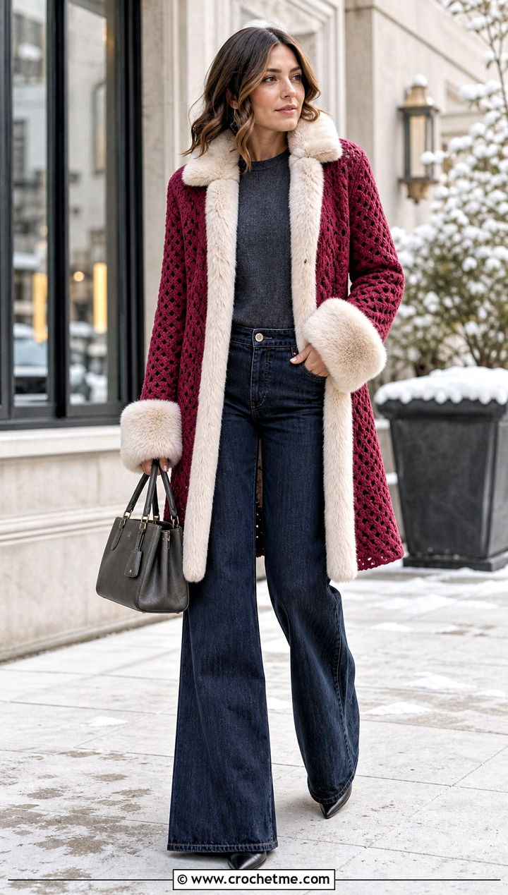 Faux Fur Trim Crochet Coat With Wide Leg Jeans - 30 women crochet coat outfit ideas