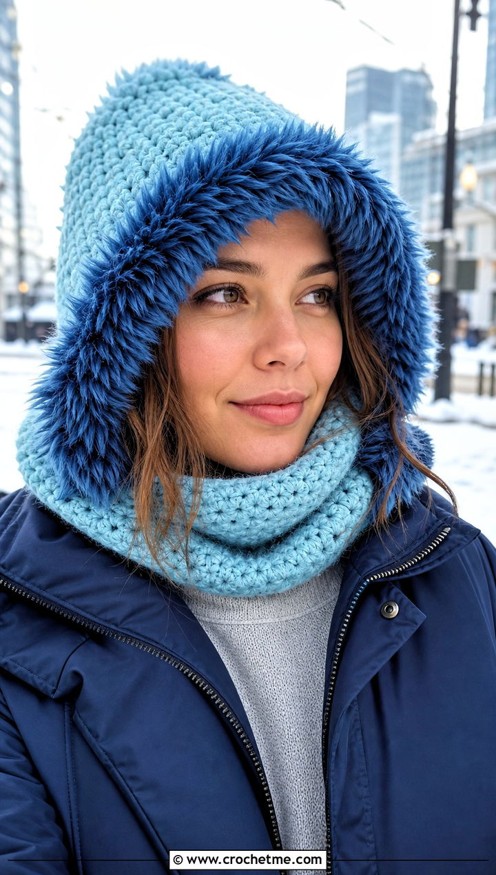 Faux Fur Trim Crochet Cowl Hat With Parka - 25 crochet cowl hat outfit ideas
