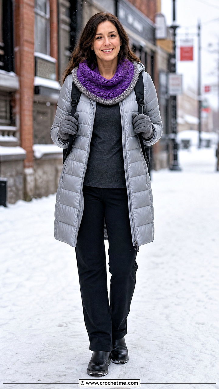 Faux Fur Trim Crochet Cowl Neck Warmer With Puffer Coat Outfit - 35 crochet cowl neck warmer outfit ideas