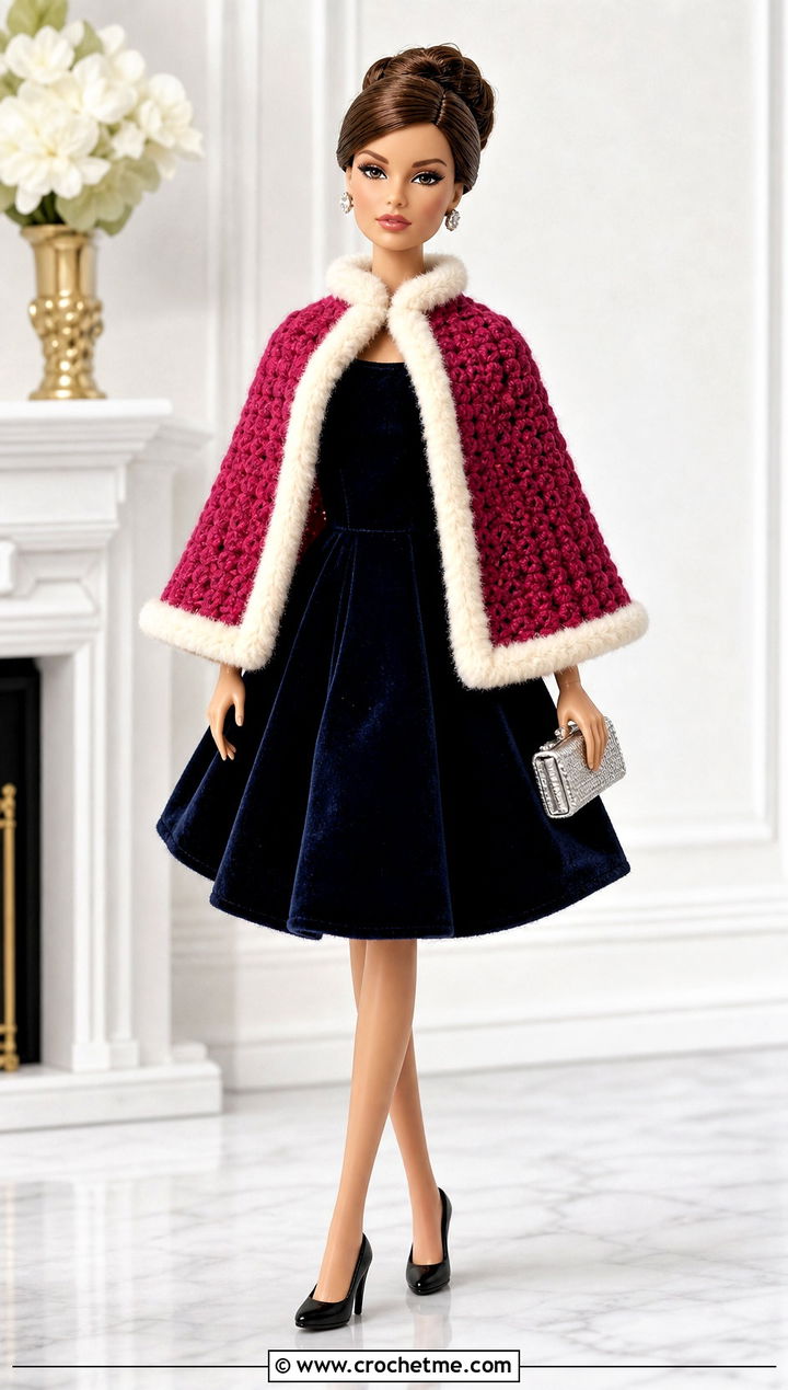 Faux Fur Trim Crochet Doll Cape With Velvet Dress - 25 Crochet Doll Cape outfit ideas