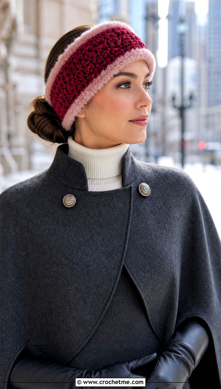 Faux Fur Trim Crochet Ear Warmer With Cape Coat - 25 Diy Crochet Headband Ear Warmers outfit ideas