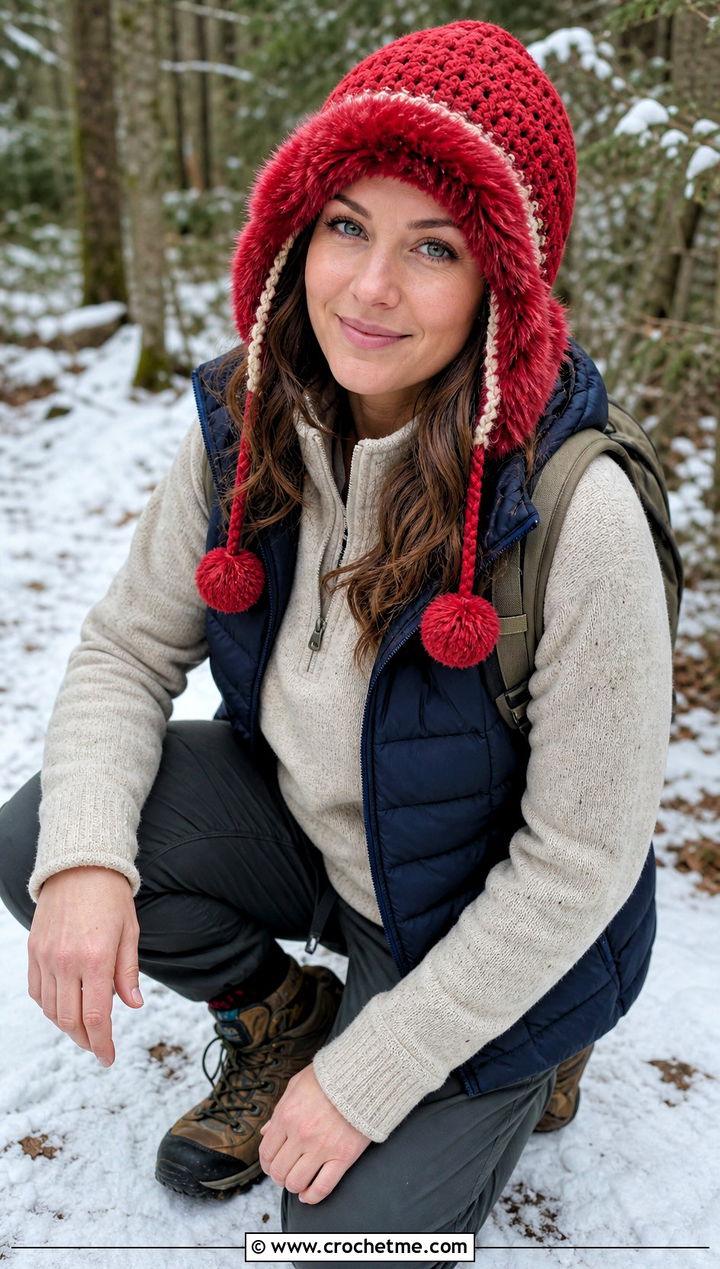 Faux Fur Trim Crochet Earflap Beanie With Puffer Vest - 30 crochet earflap beanie outfit ideas