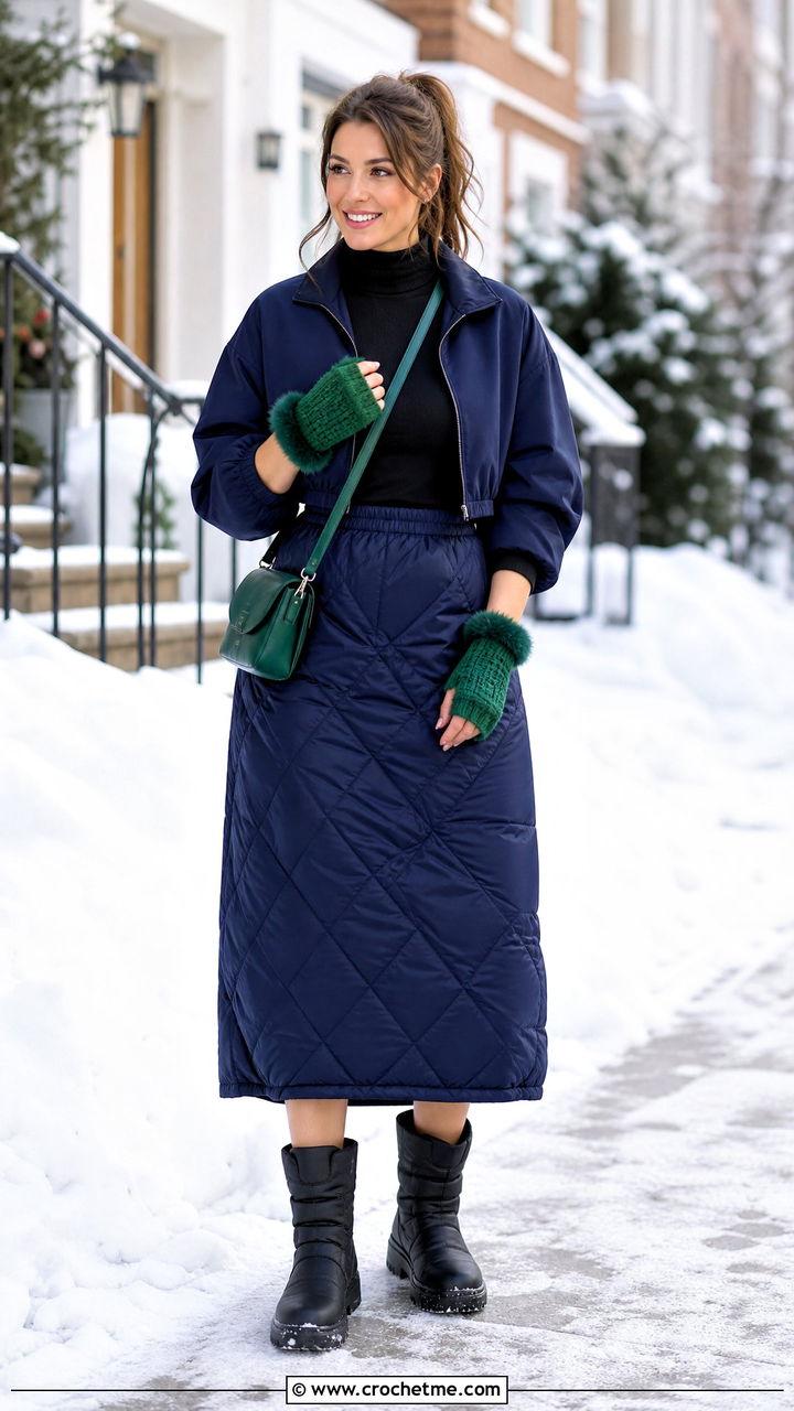 Faux Fur Trim Crochet Fingerless Gloves With Puffer Skirt - 35 easy crochet fingerless gloves outfit ideas