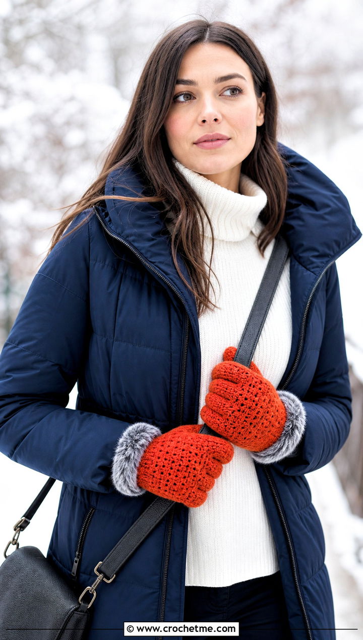 Faux Fur Trim Crochet Gloves With Puffer Coat - 35 crochet gloves fingers outfit ideas