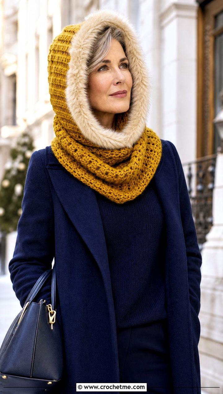 Faux Fur Trim Crochet Hooded Cowl With Wool Coat - 30 easy crochet hooded cowl outfit ideas