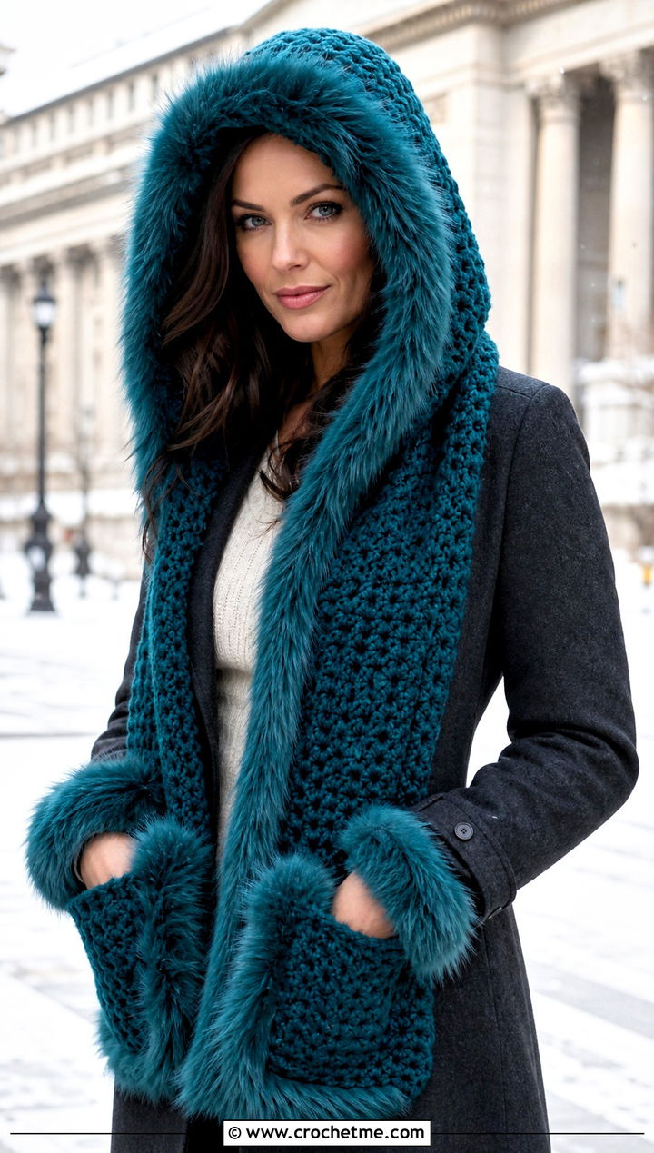 Faux Fur Trim Crochet Hooded Pocket Scarf With Long Coat - 25 crochet hooded pocket scarf outfit ideas