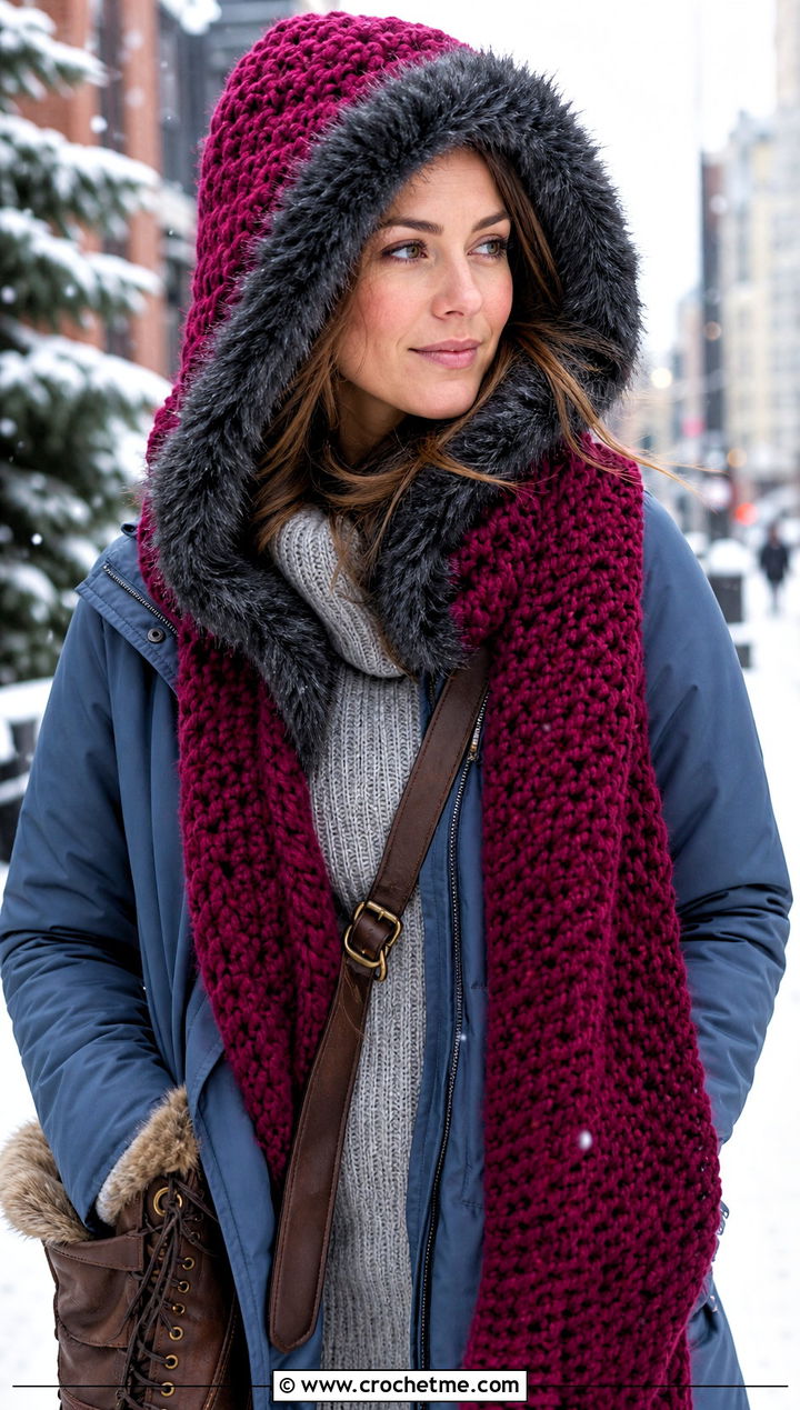 Faux Fur Trim Crochet Hooded Scarf With Parka Outfit - 30 crochet scarf with hood outfit ideas