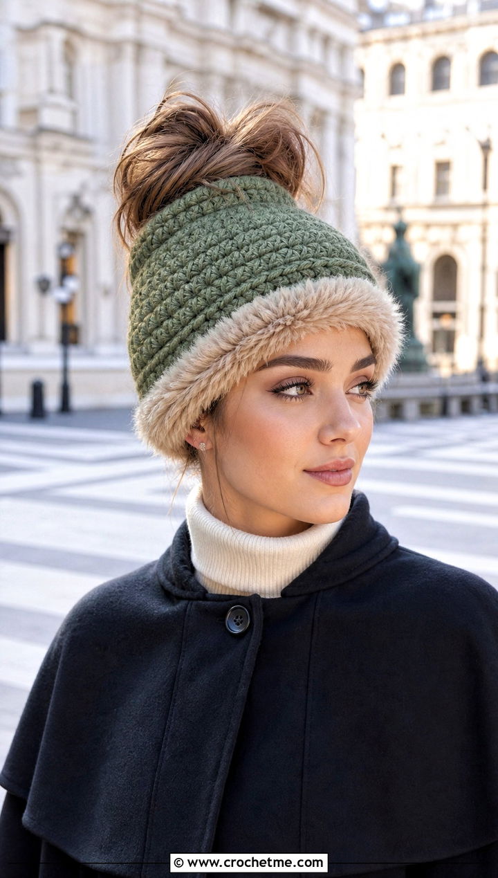 Faux Fur Trim Crochet Messy Bun Hat With Elastic And Cape Coat - 25 Crochet Messy Bun Hat With Elastic outfit ideas