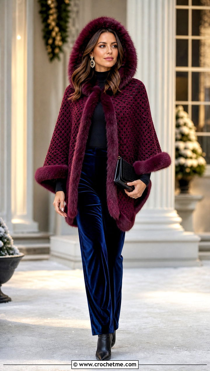 Faux Fur Trim Crochet Poncho With Hood And Velvet Trousers - 35 crochet poncho with hood outfit ideas