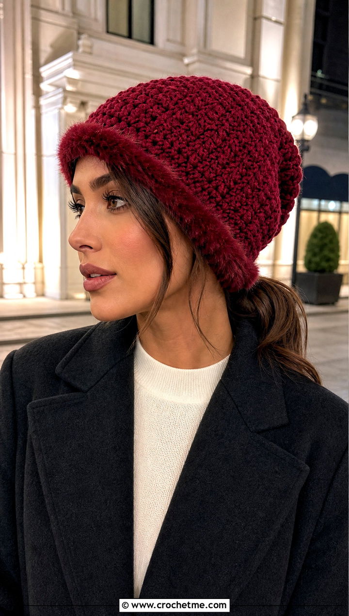 Faux Fur Trim Crochet Ponytail Beanie With Maxi Coat - 20 Crochet Ponytail Beanie outfit ideas