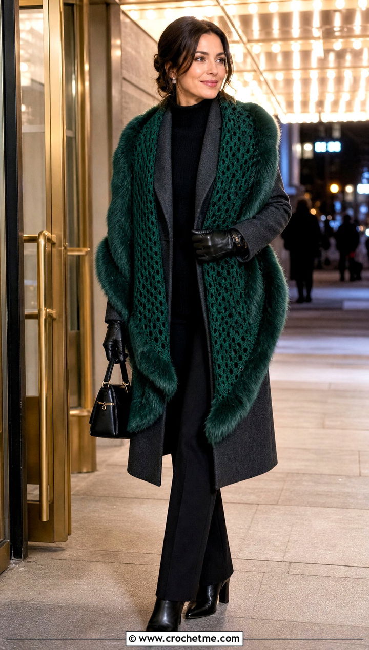 Faux Fur Trim Crochet Rectangle Shawl With Tailored Coat - 35 Crochet Rectangle Shawl outfit ideas