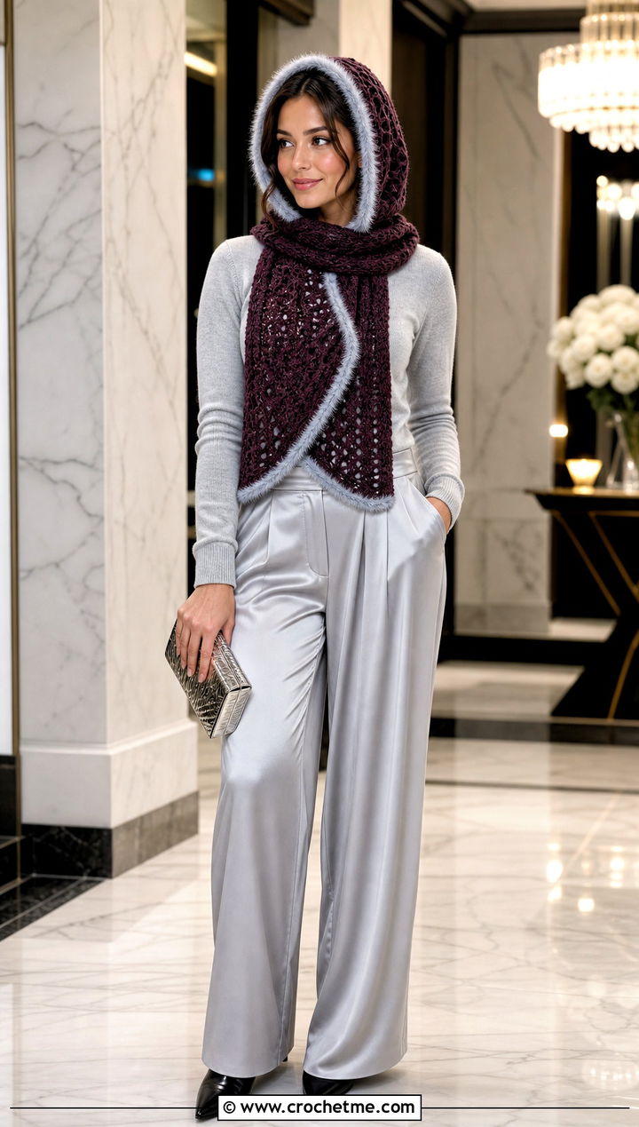 Faux Fur Trim Crochet Scarf Hood With Satin Pants - 30 crochet scarf hood outfit ideas
