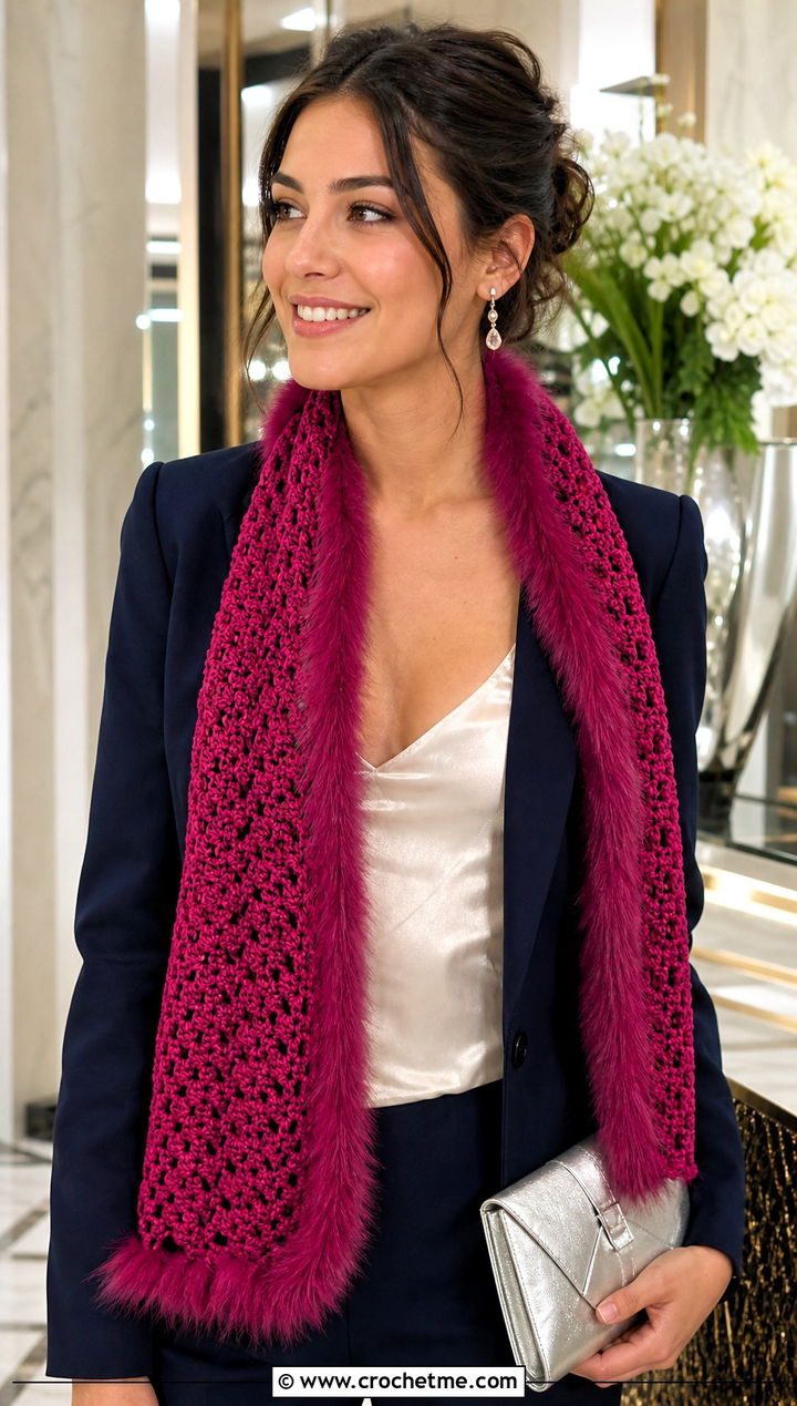 Faux Fur Trim Crochet Scarf With Evening Blazer - 35 fun crochet scarf outfit ideas
