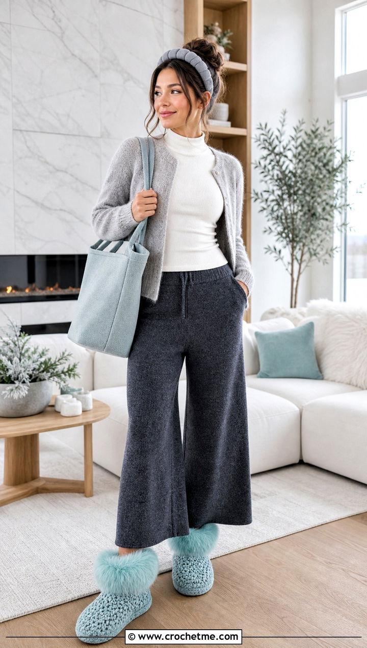 Faux Fur Trim Crochet Slipper Boots With Wide Leg Knit Pants - 35 crochet slipper boots outfit ideas