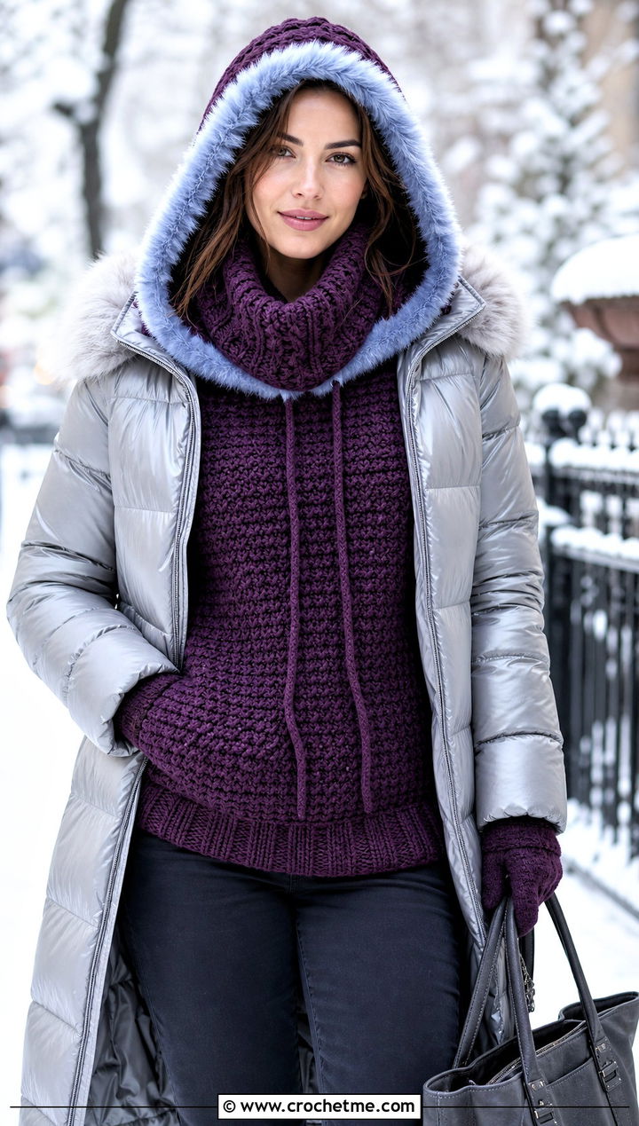 Faux Fur Trim Crochet Turtle Neck Hoodie With Puffer Coat - 30 crochet turtle neck hoodie outfit ideas