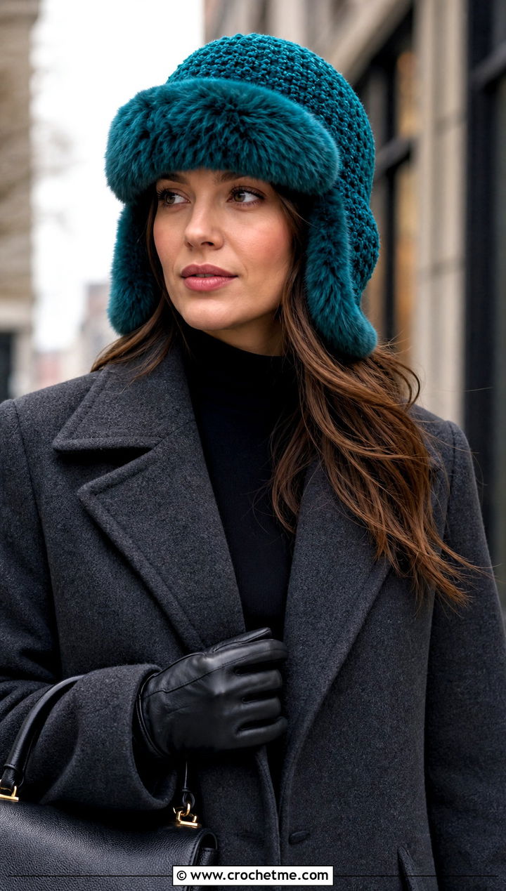 Faux Fur Trim Crochet Ushanka Hat With Wool Coat - 30 crochet ushanka hat outfit ideas