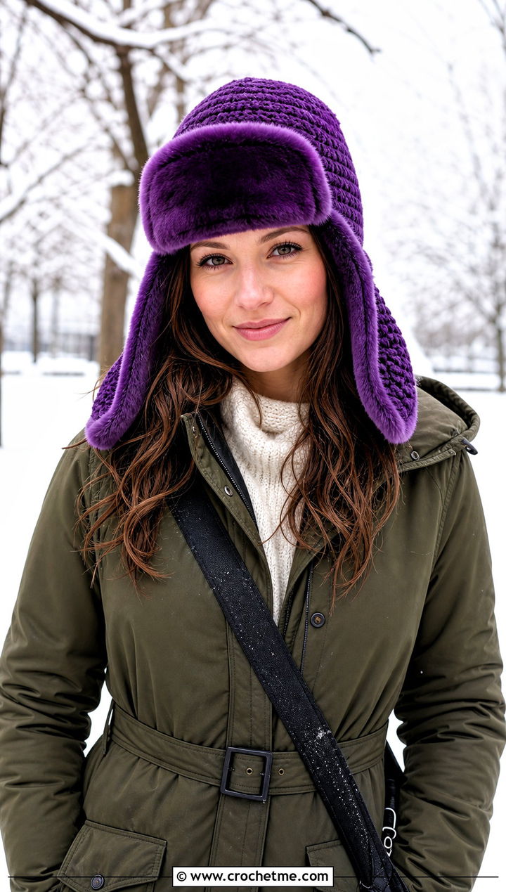 Faux Fur Trim Crochet Ushanka With Parka - 35 crochet russian hat outfit ideas