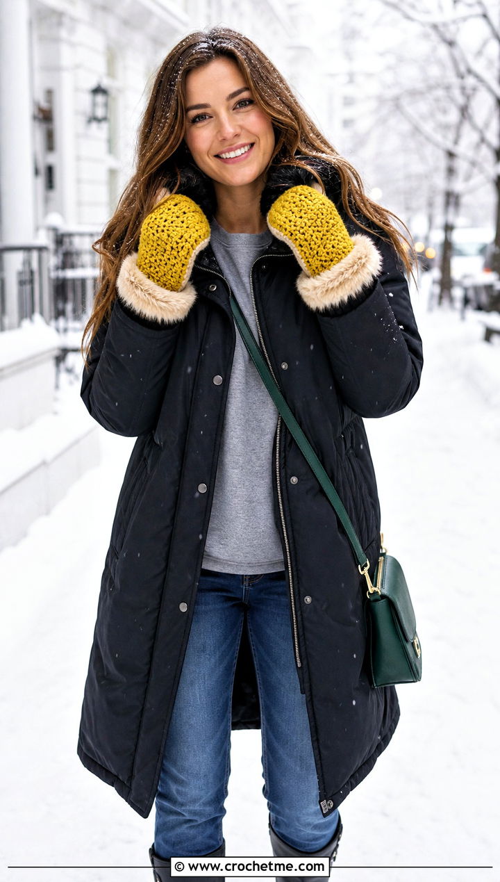 Faux Fur Trim Crocheted Mittens With Parka - 30 Crocheted Mittens outfit ideas