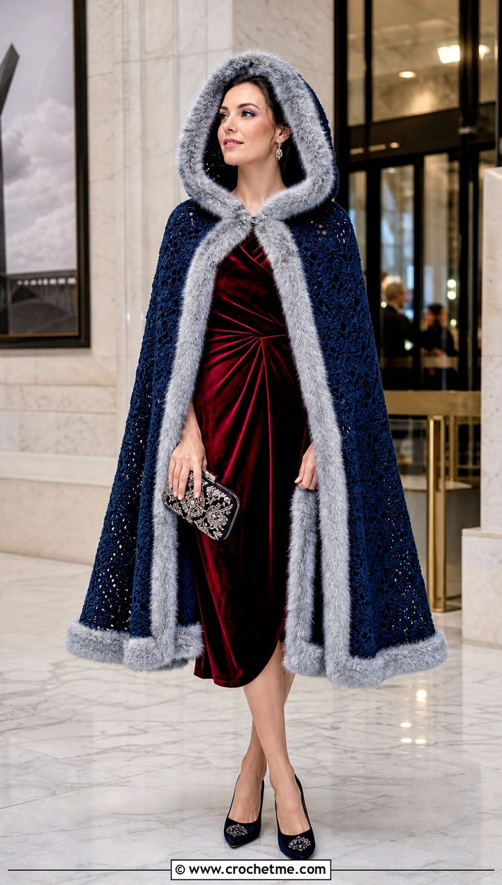 Faux Fur Trim Hooded Crochet Cape With Velvet Dress - 25 Hooded Crochet Cape outfit ideas