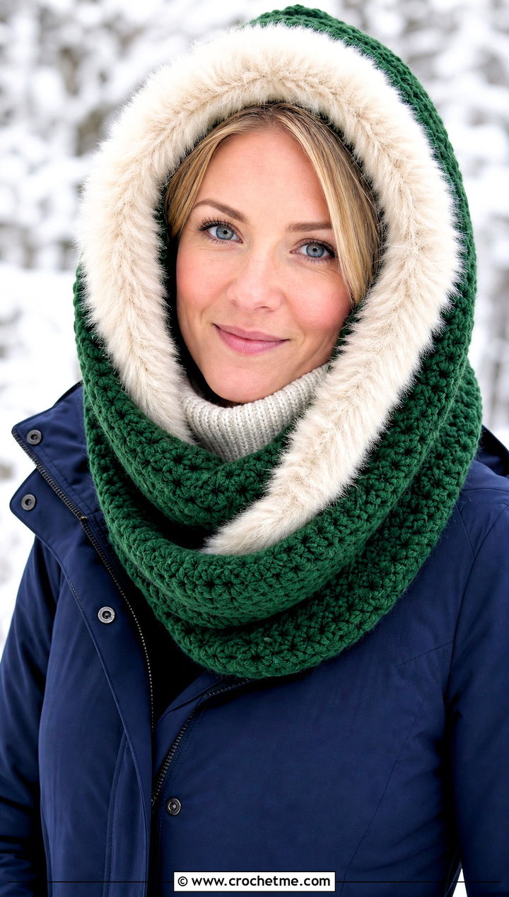 Faux Fur Trim Hooded Crochet Cowl Snood With Parka - 25 hooded crochet cowl snood outfit ideas
