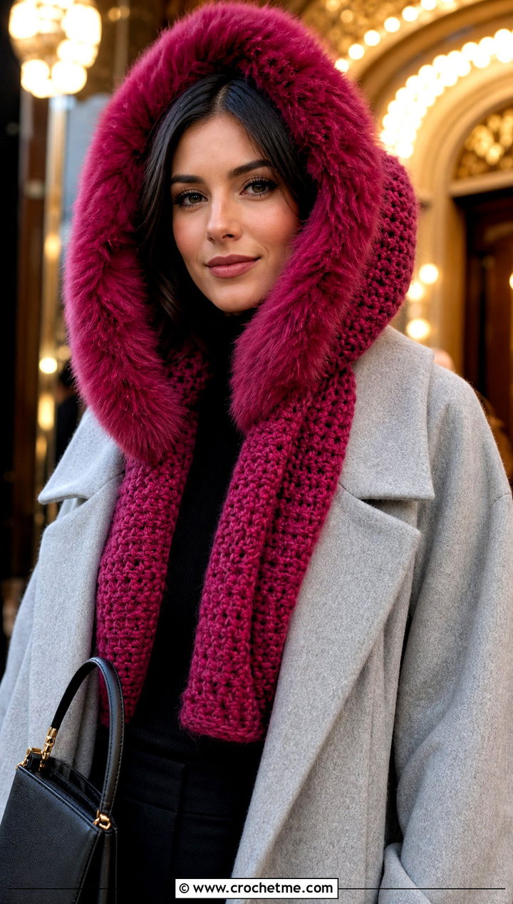 Faux Fur Trim Hooded Scarf With Maxi Coat - 25 Crochet Hoodie Scarf outfit ideas