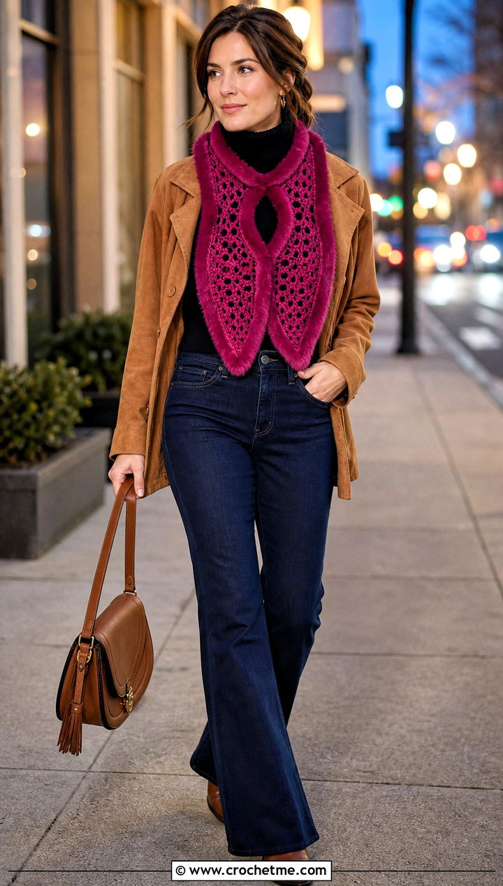 Faux Fur Trim Keyhole Crochet Scarf With Suede Jacket - 25 Keyhole Crochet Scarf outfit ideas