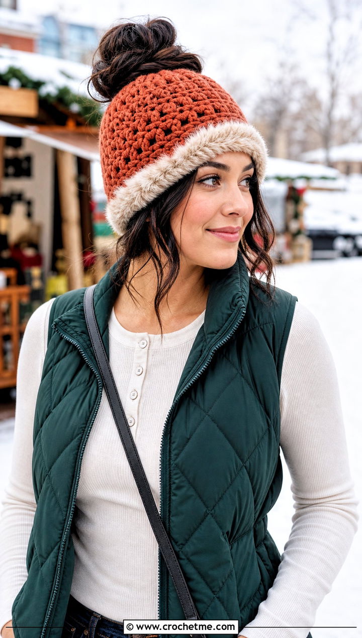 Faux Fur Trim Messy Bun Crochet Hat With Puffer Vest - 25 Messy Bun Crochet Hat outfit ideas