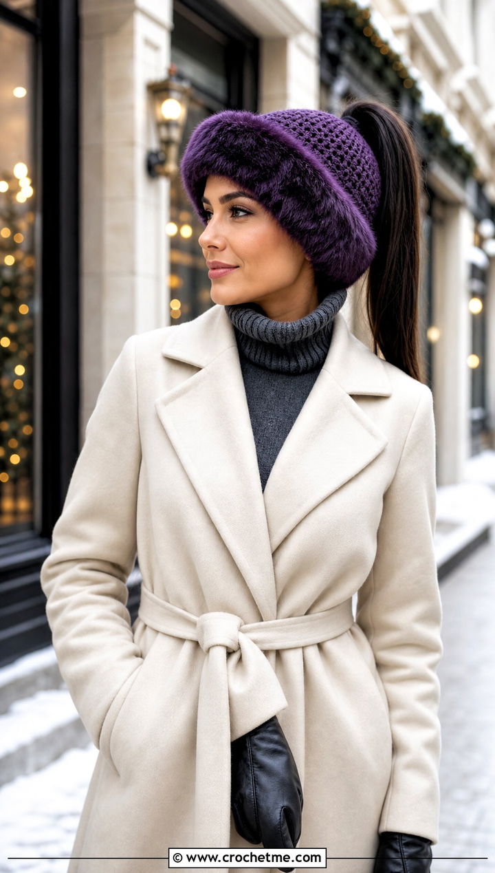 Faux Fur Trim Ponytail Hat With Belted Coat - 30 ponytail crochet hat outfit ideas