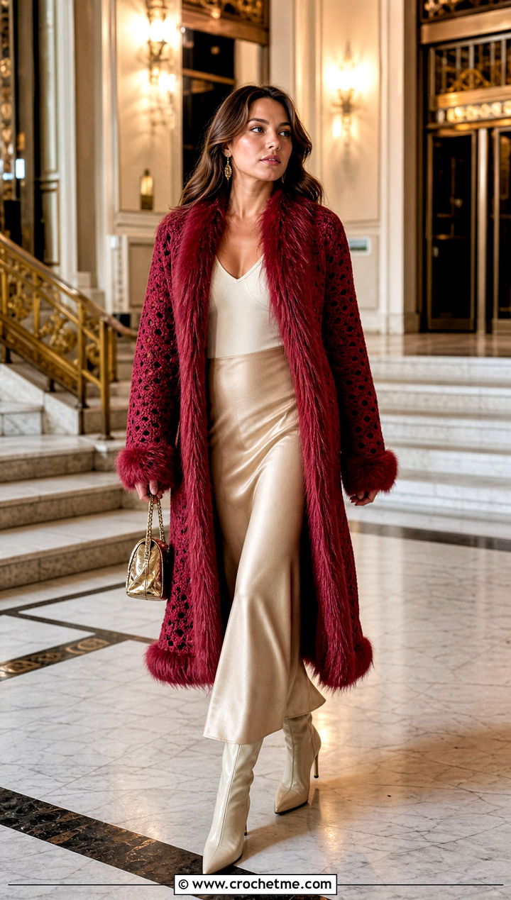 Faux Fur Trimmed Crochet Coat With a Satin Skirt - 15 stylish crochet coat design outfit ideas