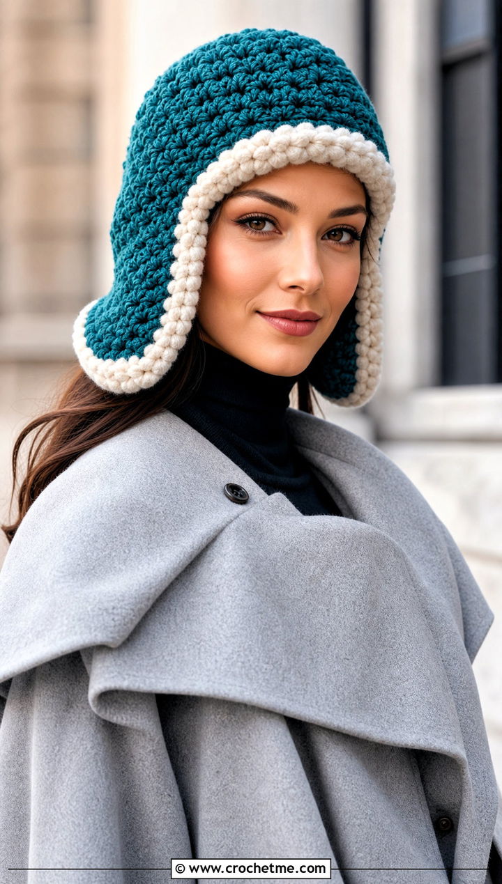 Faux Fur Trimmed Ear Flap Beanie With Cape Coat - 30 crochet ear flap beanie outfit ideas